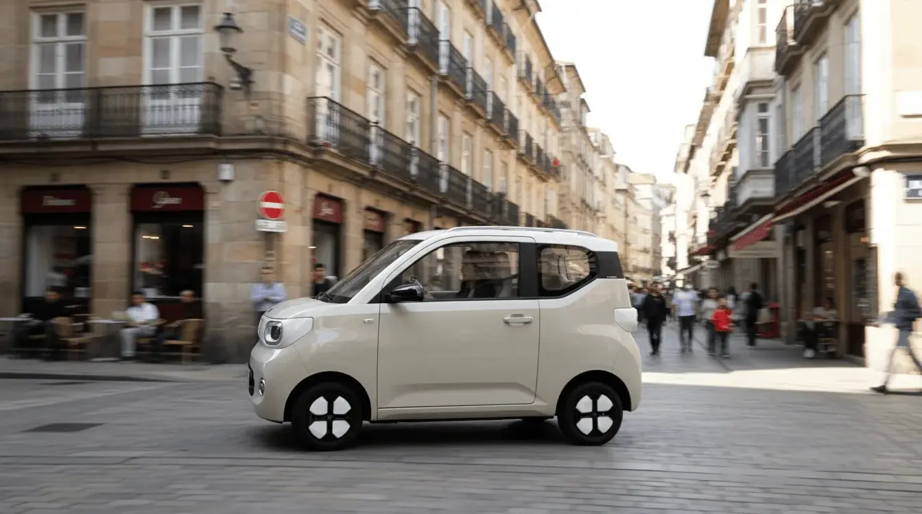 ARI Bruni Elektroauto fährt durch eine schmale Innenstadtstraße mit historischen Gebäuden.