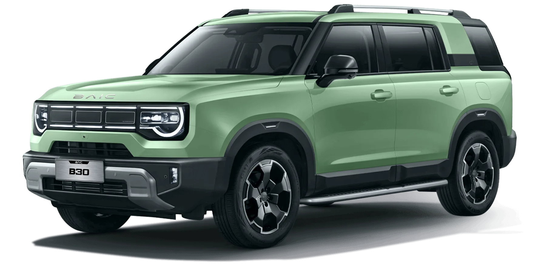 BAIC B30 SUV, mintgrün, Vorder- und Seitenansicht mit auffälligem Tagfahrlicht und bulligem Design