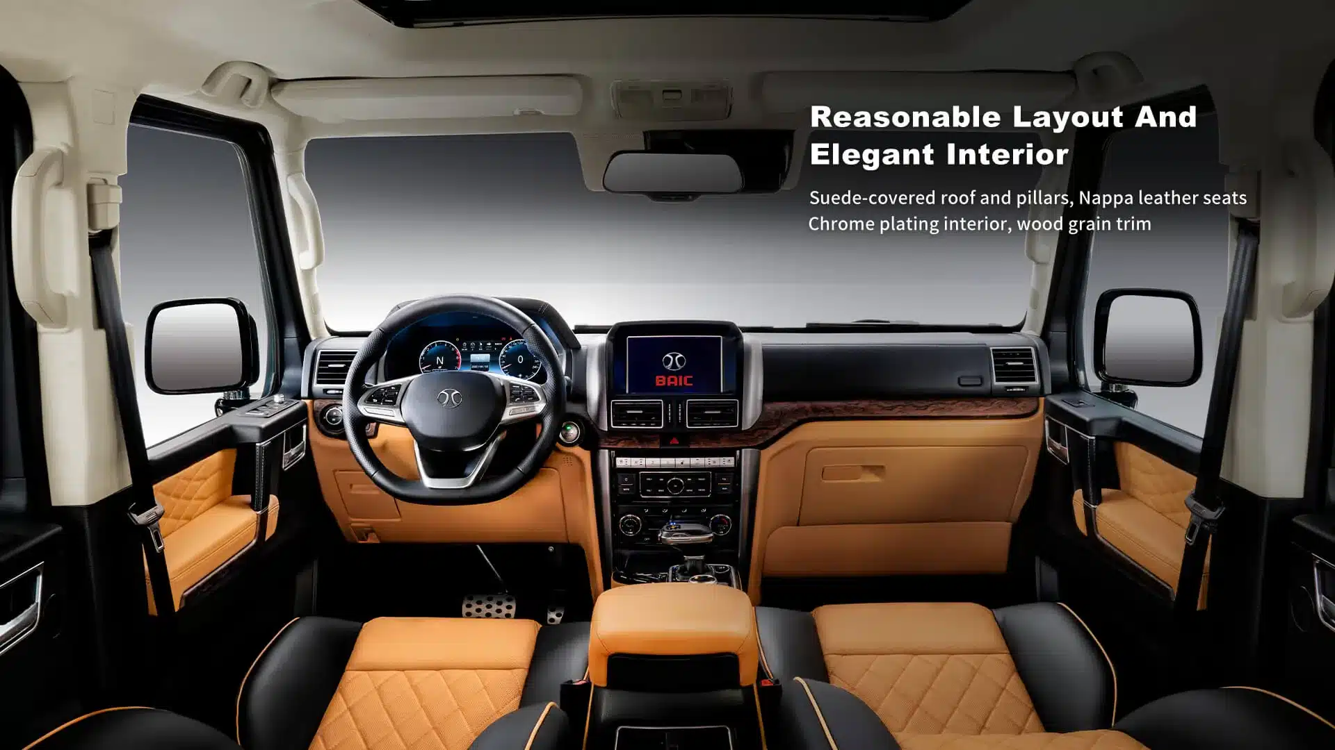 Innenraum und Cockpit des BAIC BJ80 mit Nappaleder-Sitzen und moderner Ausstattung