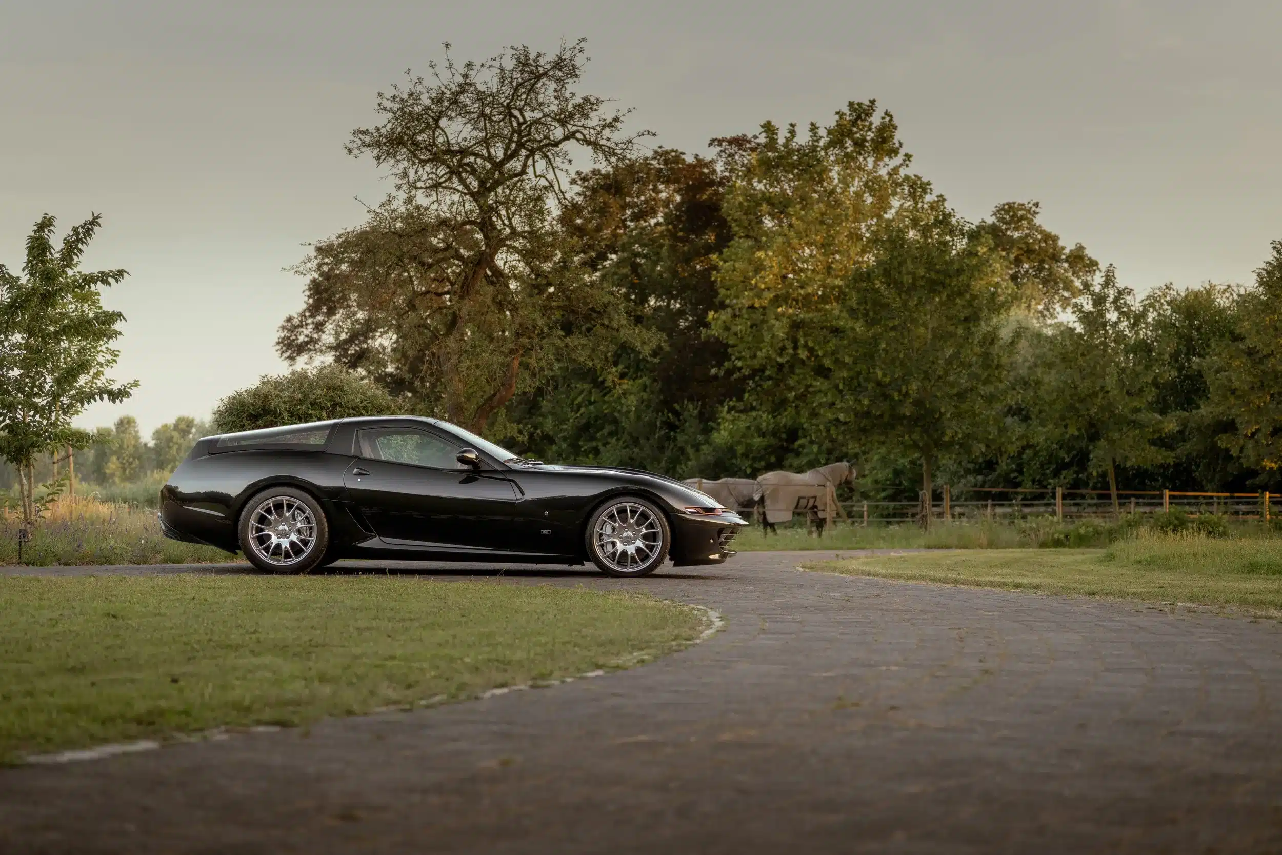 Daytona Shooting Brake Hommage von Niels van Roij Design, schwarz, seitlich fotografiert auf einer Landstraße mit Bäumen und Pferden im Hintergrund.
