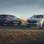 Zwei Honda CR-V der aktuellen Generation, einer von vorne und einer von hinten, auf einem Feldweg bei Sonnenuntergang.