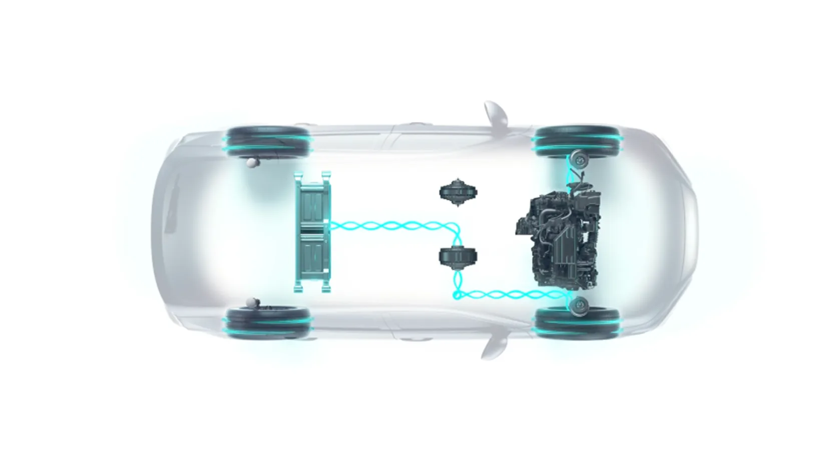 Schematische Darstellung des Hybridantriebs im Honda CR-V mit deutlich sichtbarer Batterie und Motor.