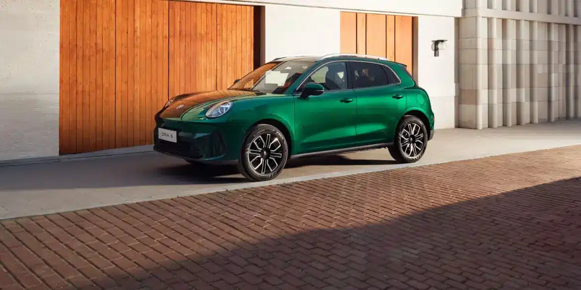 Grüner GWM ORA 5 SUV seitlich vor einer Holzfassade geparkt