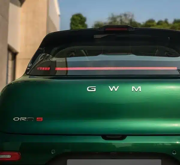 Heckansicht des GWM ORA 5 SUV in grüner Lackierung, mit Modellbezeichnung und GWM-Logo.