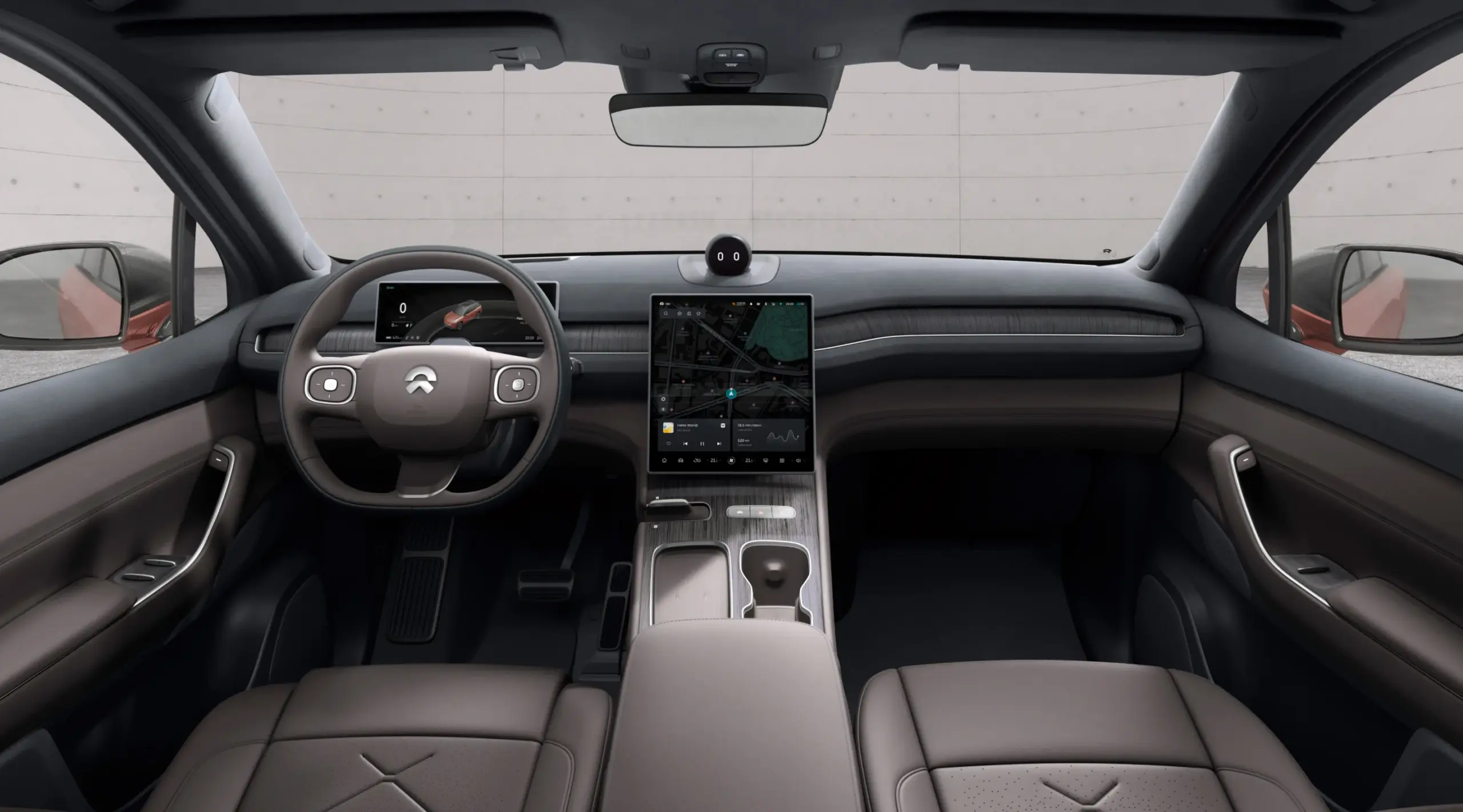 Innenansicht des NIO ES7, modernes Cockpit mit großem Zentraldisplay und eleganter Ausstattung