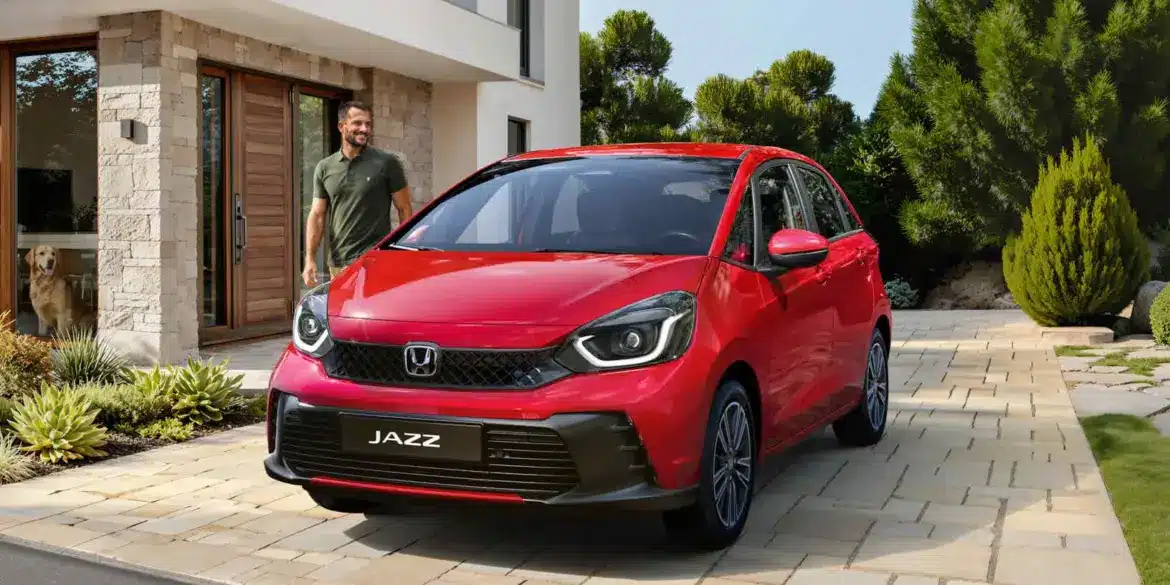 Honda Jazz e:HEV in roter Lackierung steht auf einer Einfahrt vor einem modernen Haus, daneben ein Mann.