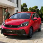 Honda Jazz e:HEV in roter Lackierung steht auf einer Einfahrt vor einem modernen Haus, daneben ein Mann.