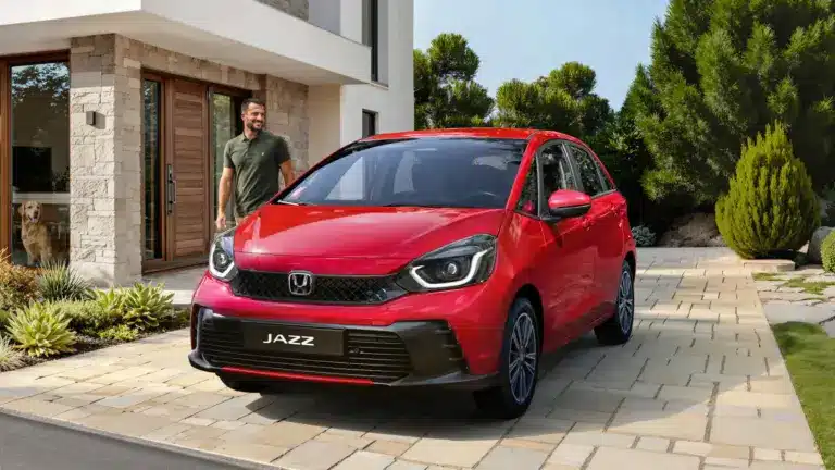 Honda Jazz e:HEV in roter Lackierung steht auf einer Einfahrt vor einem modernen Haus, daneben ein Mann.