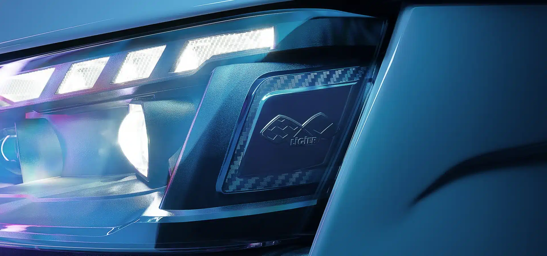 Detail des LED-Scheinwerfers mit Ligier-Logo am neuen Ligier JS50