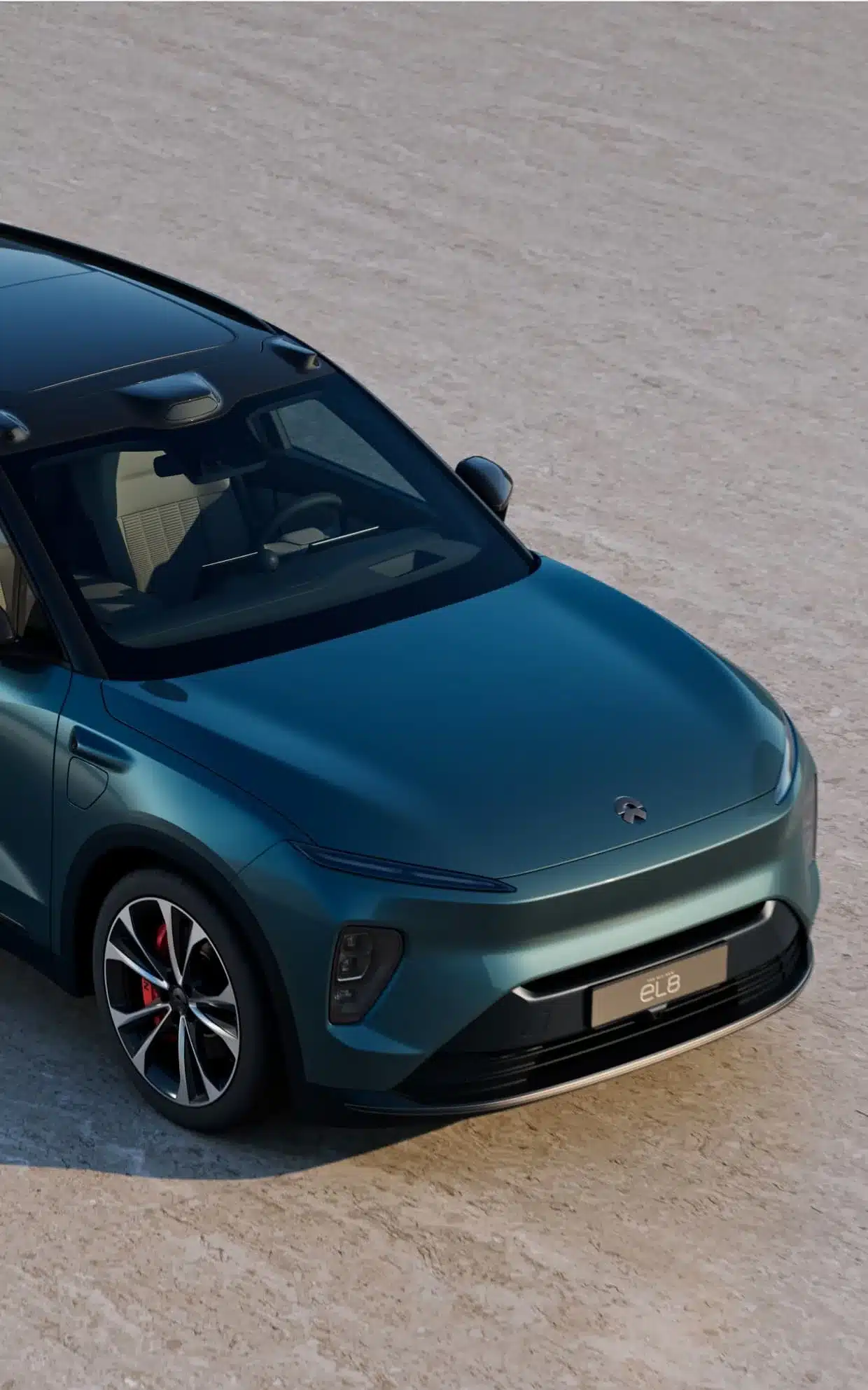 NIO EL8 in blauer Lackierung, Frontansicht auf heller Oberfläche, moderner SUV mit klaren Linien und X-Bar-Design.