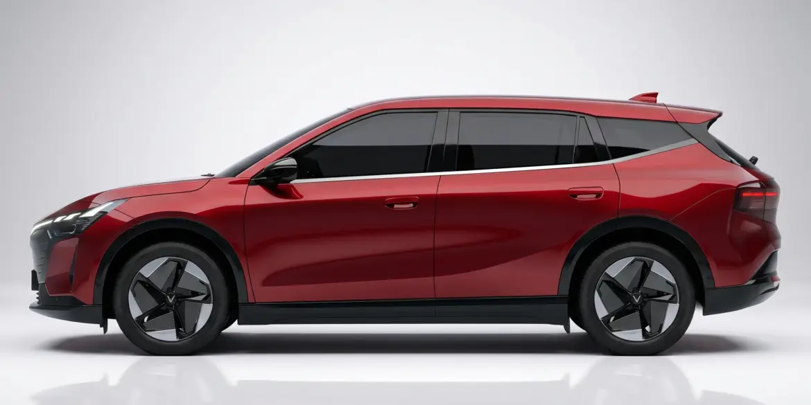 VinFast VF 8 Elektro-SUV in Rot von der Seite vor neutralem Hintergrund