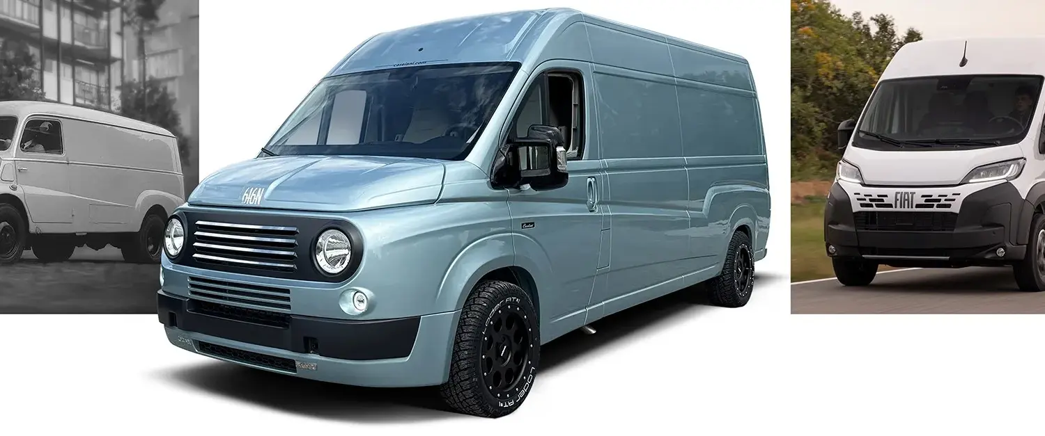 Historischer Fiat 616 Transporter, Caselani 616N Retro-Transporter und aktueller Fiat Ducato nebeneinander im Vergleich.