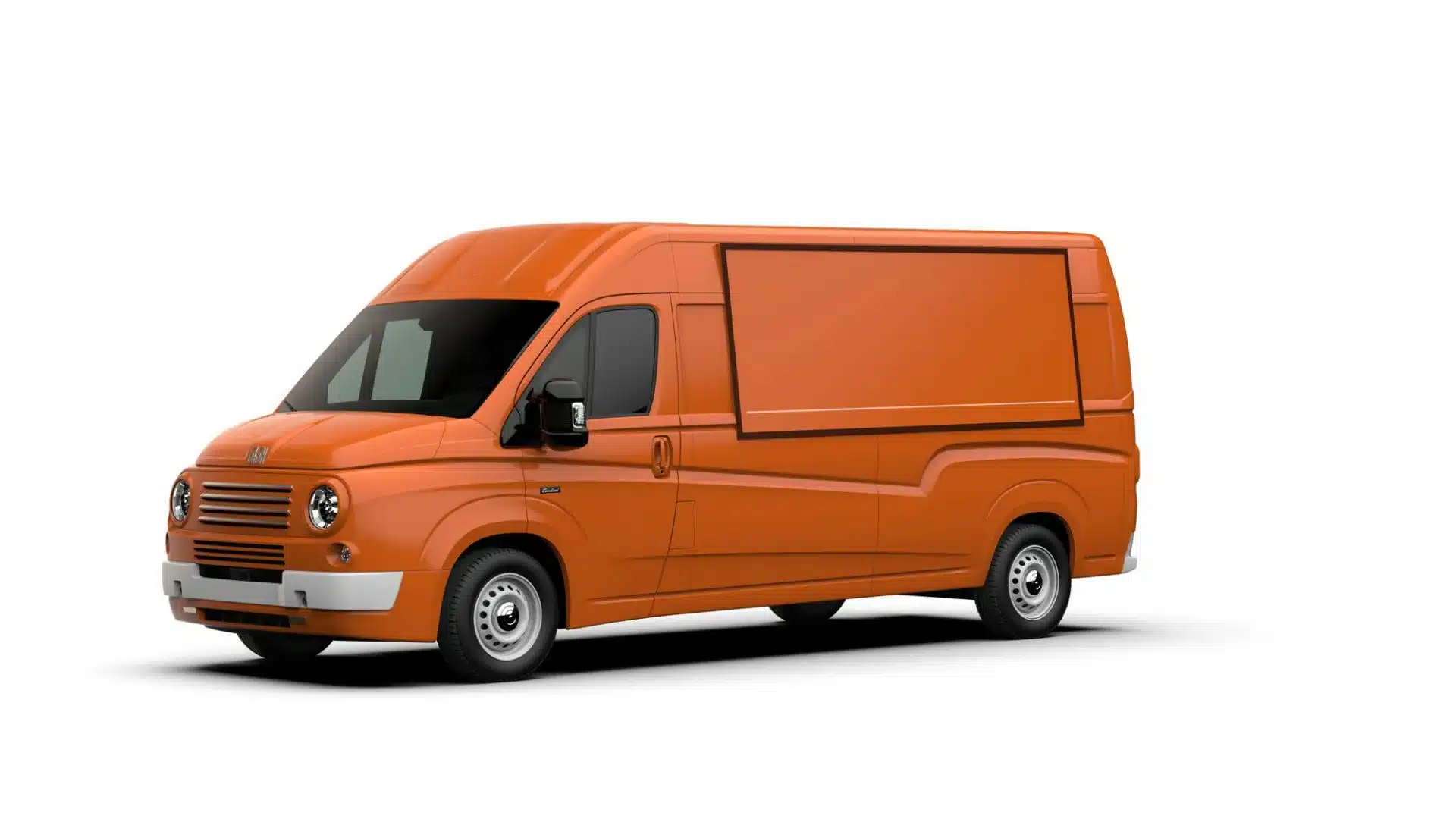 Seitenansicht eines orangefarbenen Caselani 616N Transporters im Retro-Stil auf Basis des Fiat Ducato.