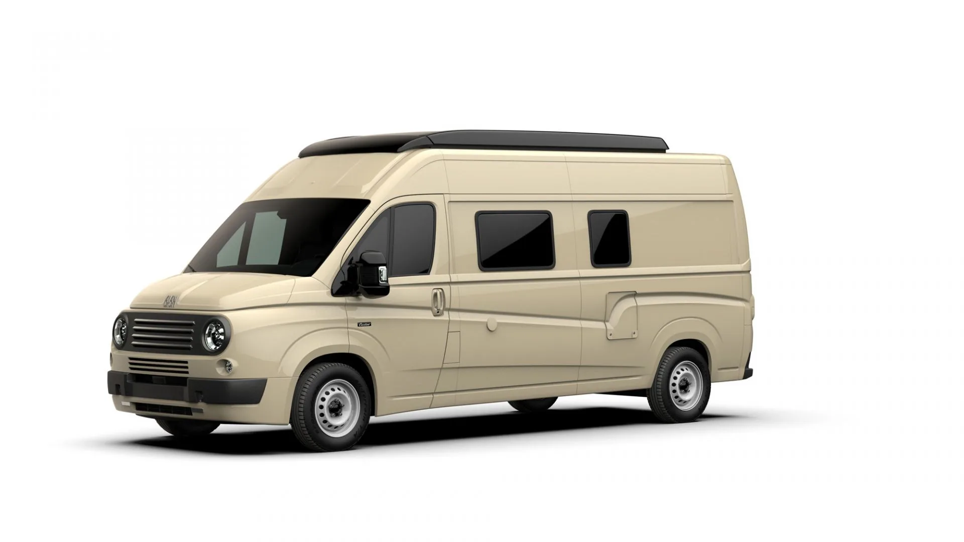 Retro-inspirierter Transporter Caselani 616N auf Fiat Ducato Basis mit runden Scheinwerfern und cremefarbener Karosserie.