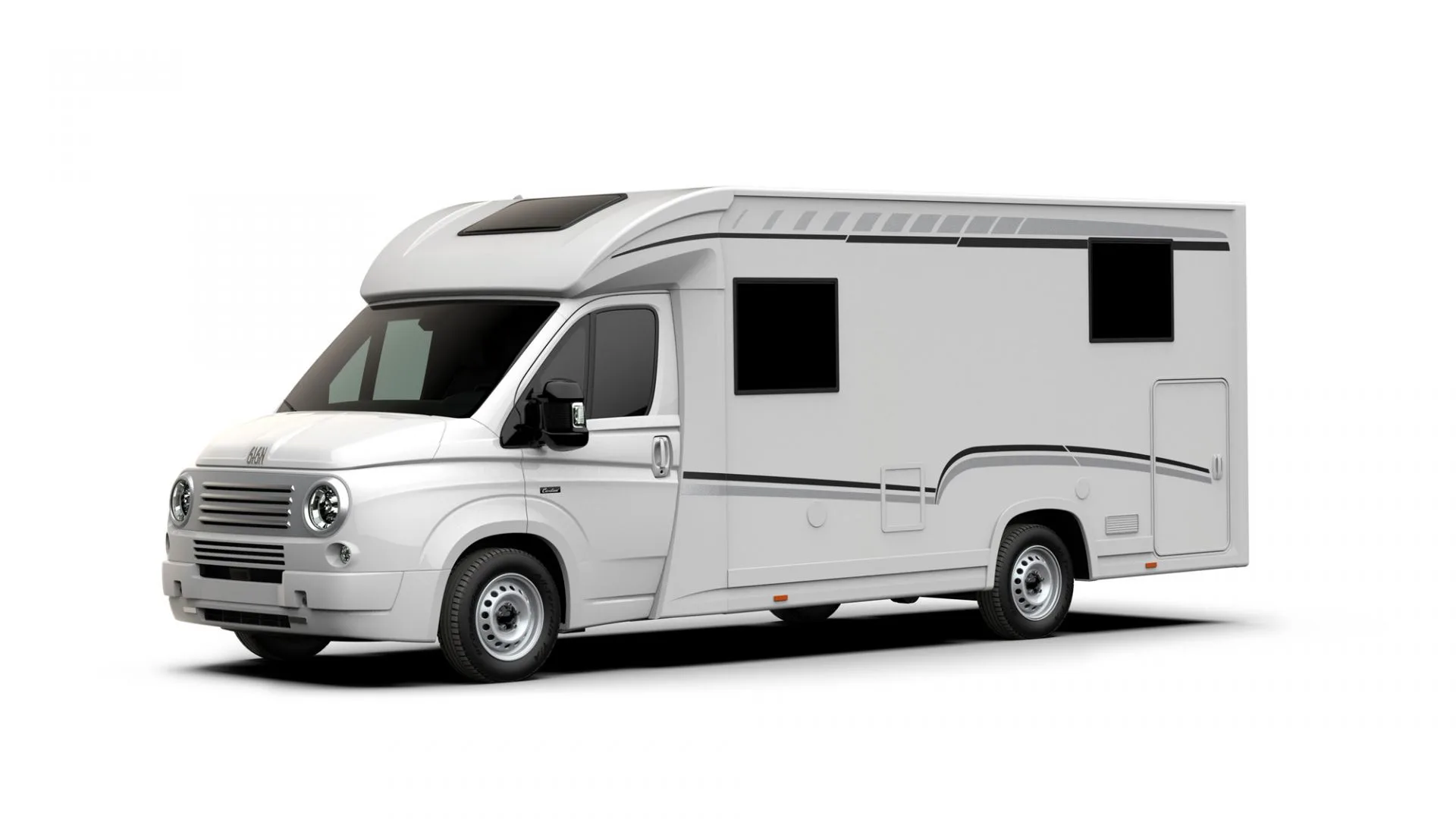 Caselani 616N Wohnmobil mit rundem Retro-Frontdesign und weißer GFK-Karosserie auf Fiat Ducato Basis.