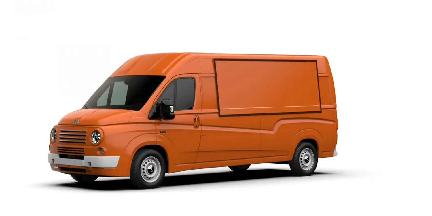 Seitenansicht eines orangefarbenen 616N Food Trucks Old Style von Carrozzeria Caselani mit klarem Retro-Design und modernem Aufbau