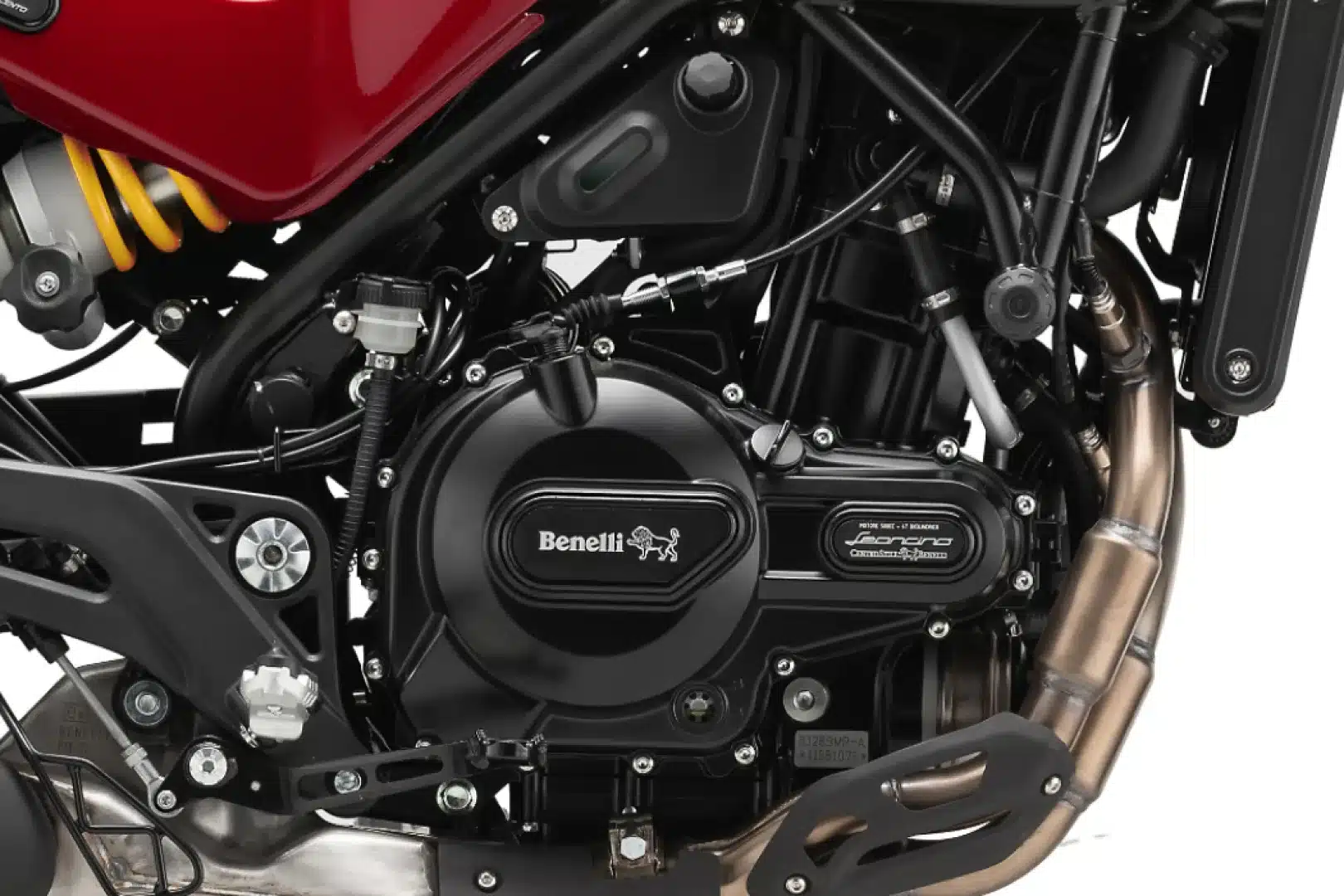 Motor der Benelli Leoncino 500 Trail mit typischen Konstruktionsmerkmalen und Komponenten.