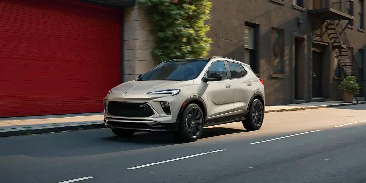 2026 Buick Encore GX SUV in heller Lackierung fährt eine städtische Straße entlang.