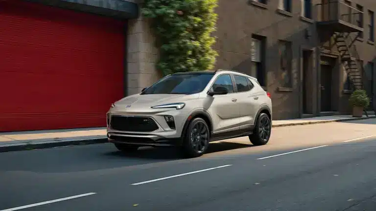 2026 Buick Encore GX SUV in heller Lackierung fährt eine städtische Straße entlang.