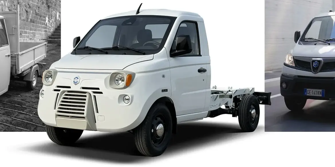 Caselani 4PE zwischen einem klassischen Piaggio Ape und einem modernen Piaggio Porter NP6.