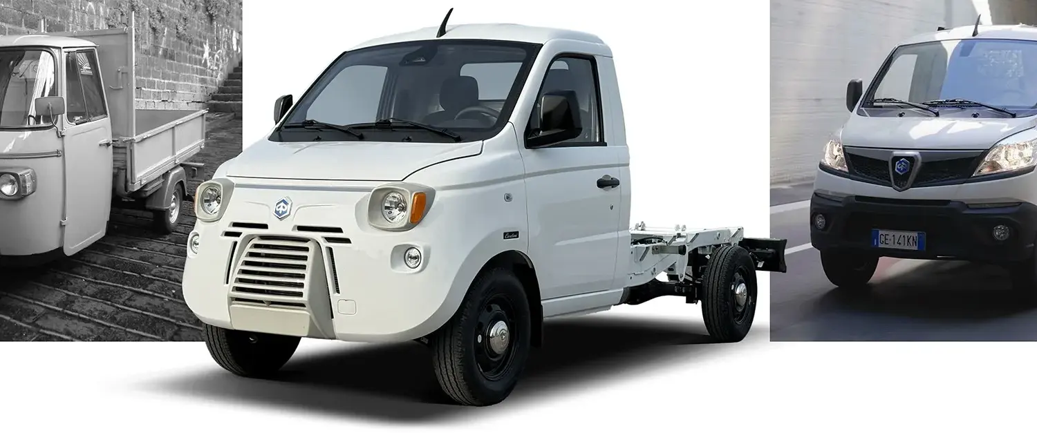 Caselani 4PE zwischen einem klassischen Piaggio Ape und einem modernen Piaggio Porter NP6.