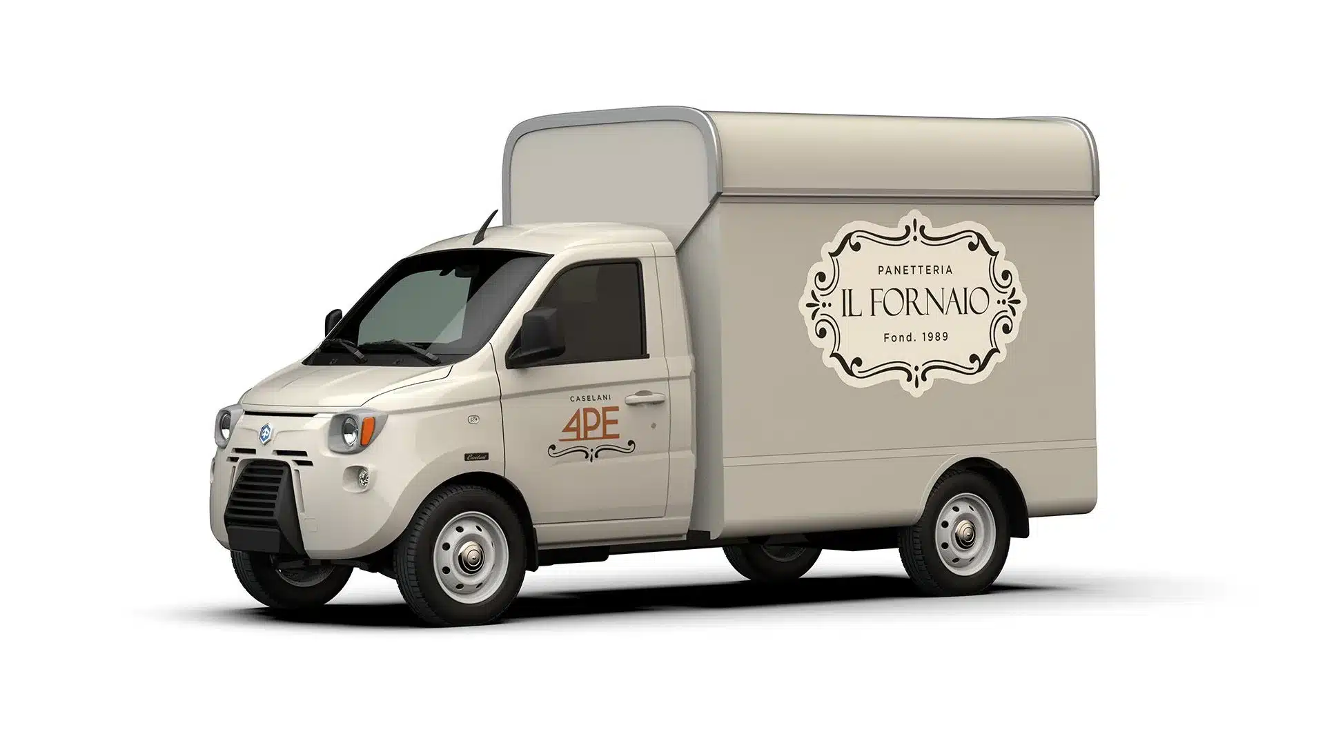 Caselani 4PE Food Truck auf Basis des Piaggio Porter NP6 mit Retro-Optik und individueller Beschriftung als Panetteria.