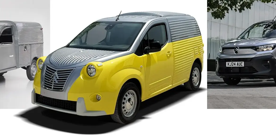 Drei Transporter im Vergleich: links der historische Citroën 2CV Kastenwagen, Mitte die gelbe Caselani Fourgonnette mit Retro-Optik, rechts der aktuelle Citroën Berlingo Kastenwagen.