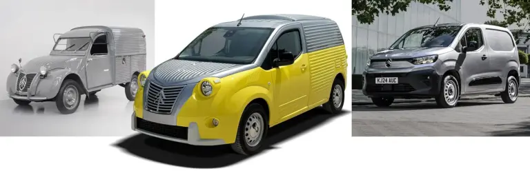 Drei Transporter im Vergleich: links der historische Citroën 2CV Kastenwagen, Mitte die gelbe Caselani Fourgonnette mit Retro-Optik, rechts der aktuelle Citroën Berlingo Kastenwagen.