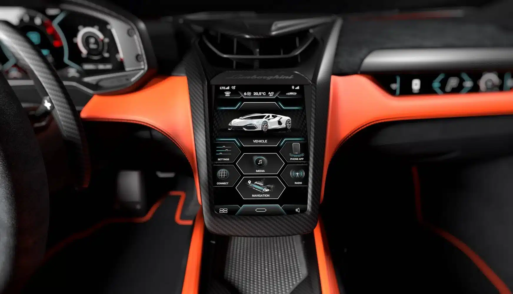 Zentrales Touchdisplay und Fahrerdisplay im Lamborghini Revuelto Innenraum