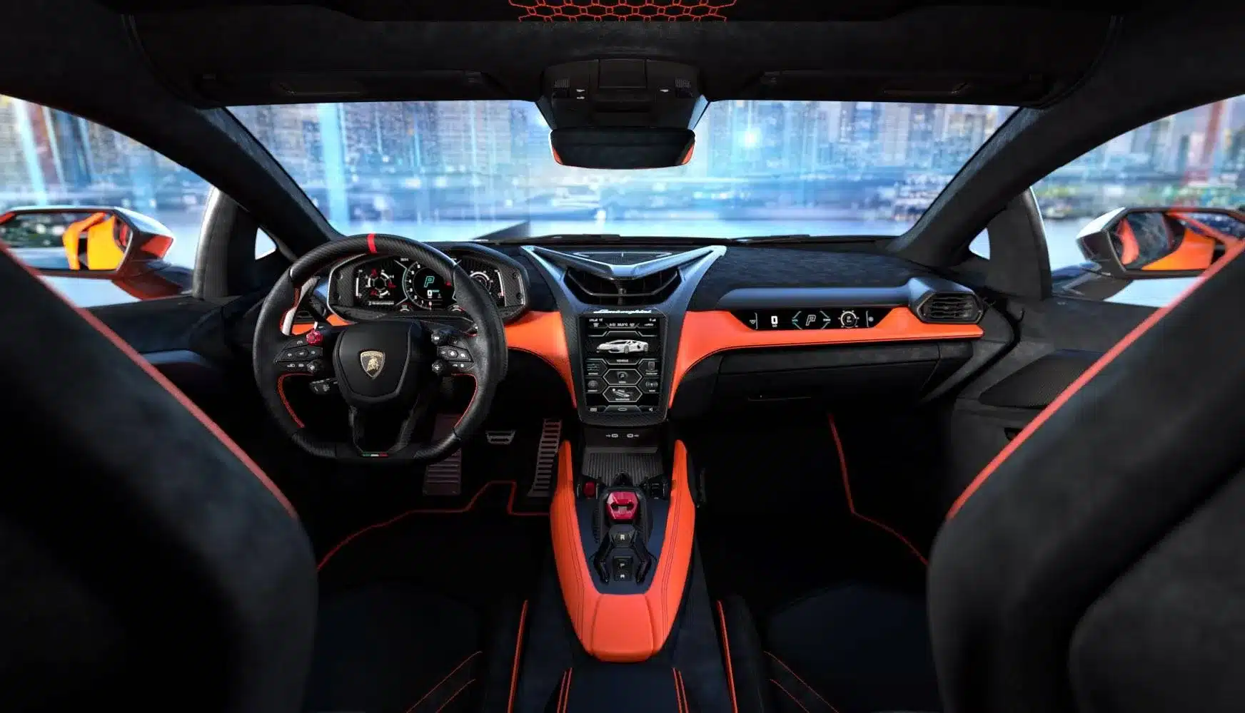Digitales Cockpit und Innenraumdesign des Lamborghini Revuelto mit Sportlenkrad und zentralem Bedienfeld.