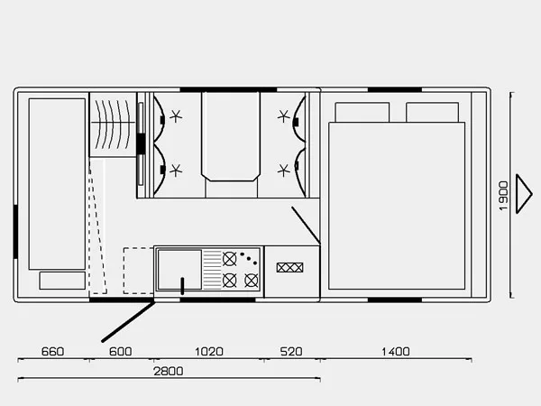 Grundriss eines Landrover Offroad-Campers mit Sitzplätzen, Betten, Küche und Stauraum