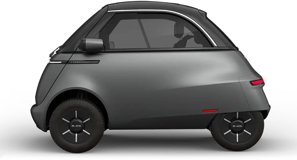 Seitenansicht des Microlino Elektro-Microcars in Grau