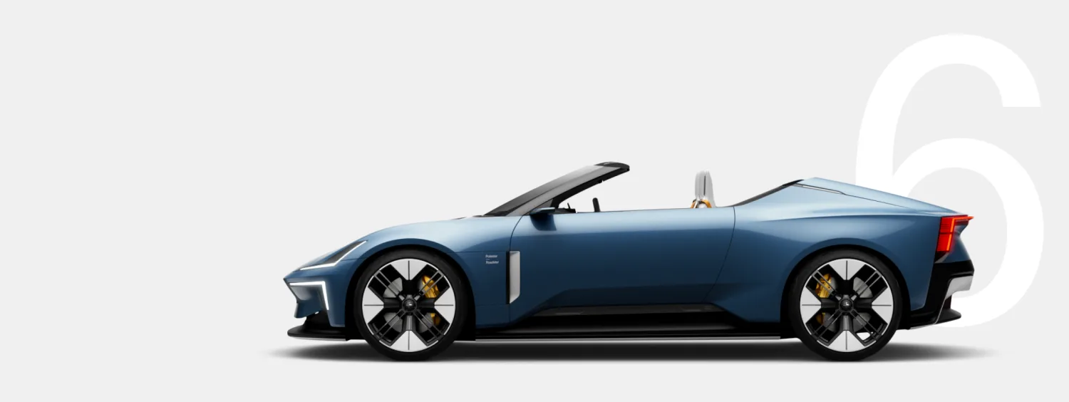 Polestar 6 Roadster in blauer Lackierung als Seitenansicht vor weißem Hintergrund