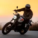 Royal Enfield Bear 650 Scrambler fährt auf Landstraße mit Fahrer bei Sonnenuntergang.