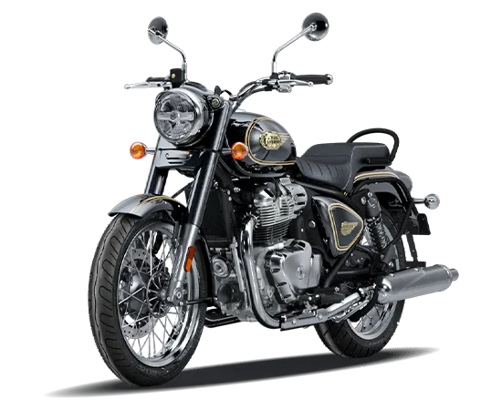 Royal Enfield Bullet 650 in schwarzer Lackierung mit goldenen Zierstreifen und verchromten Auspuffen, Seitenansicht
