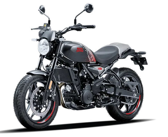 Royal Enfield Guerrilla 450, schwarzes Naked Bike mit roten Akzenten, seitlich fotografiert vor neutralem Hintergrund