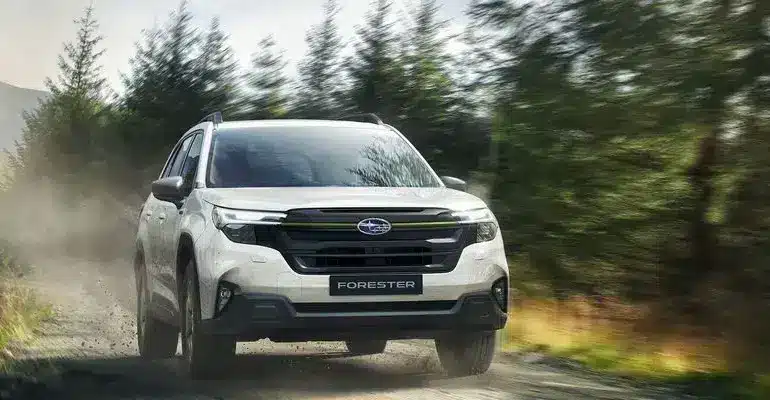 Subaru Forester e-BOXER, weiß, fährt auf einem unbefestigten Weg durch einen Wald.