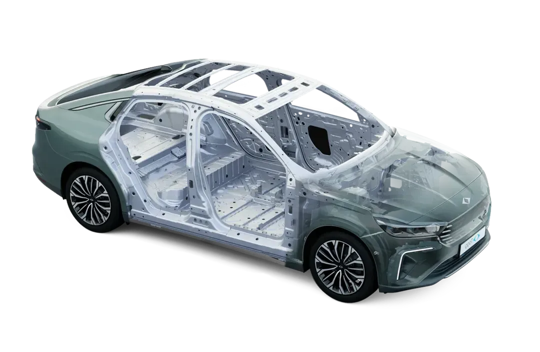 Fahrzeugkarosserie des Togg T10F mit transparenter Außenhaut, sichtbar werden Struktur und Rahmen