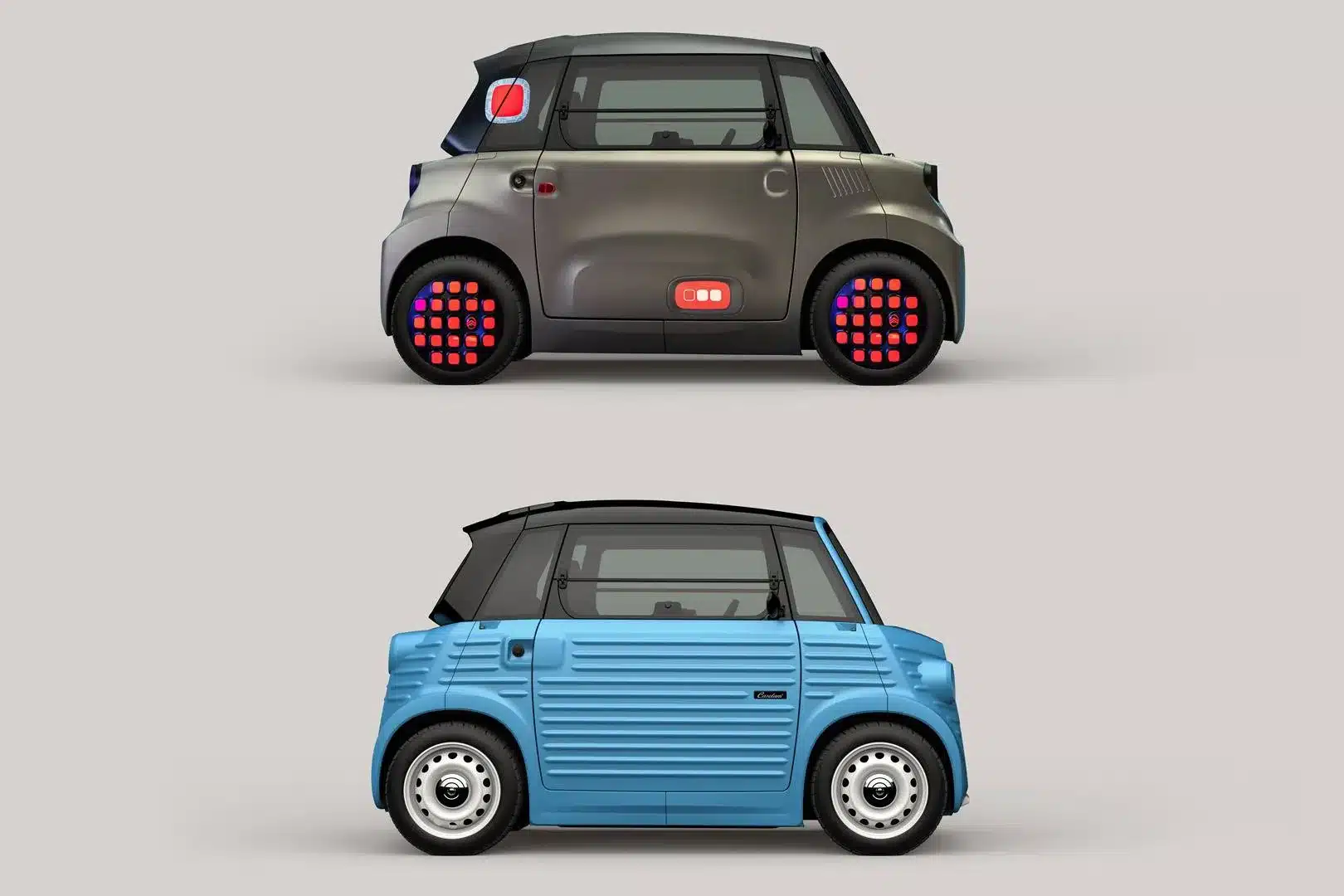 Zwei nebeneinander dargestellte Fahrzeuge: Oben ein Citroën Ami im Originalzustand, unten der TYPE-AMI von Carrozzeria Caselani mit HY-inspiriertem Retro-Design.