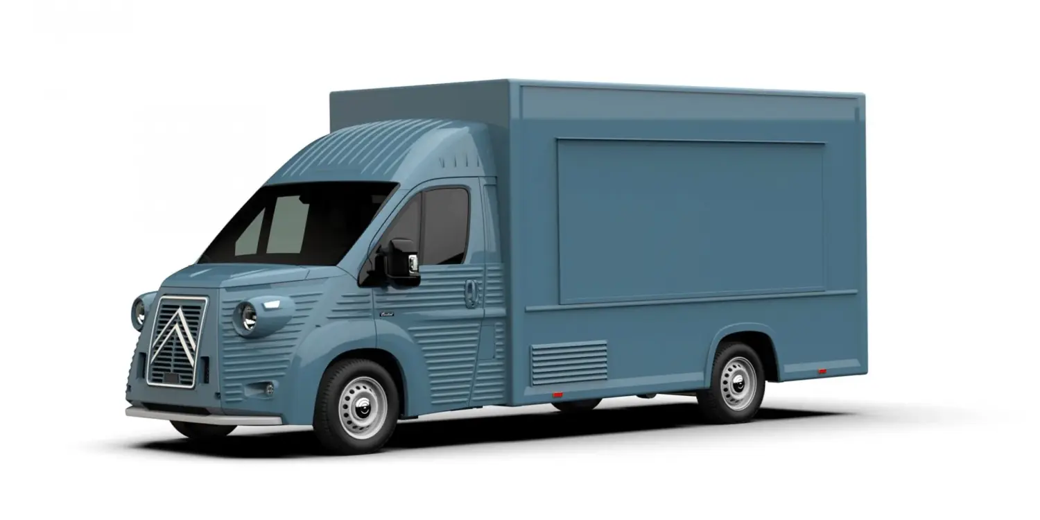 Blauer moderner Food Truck auf Basis des Citroën Jumper mit Retro-Design von Caselani