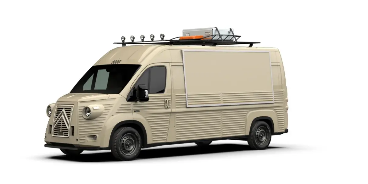 TYPE H FOOD TRUCK WILDCAMP in beige mit markanter Front, Dachträger und Seitenausgabe.