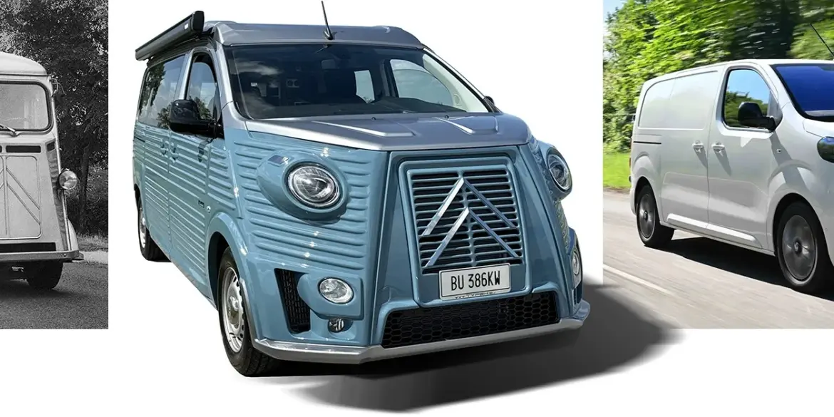 Vergleichsbild: Citroën Type G von 1948, Caselani Type HG im Retro-Design und aktueller Citroën Jumpy.