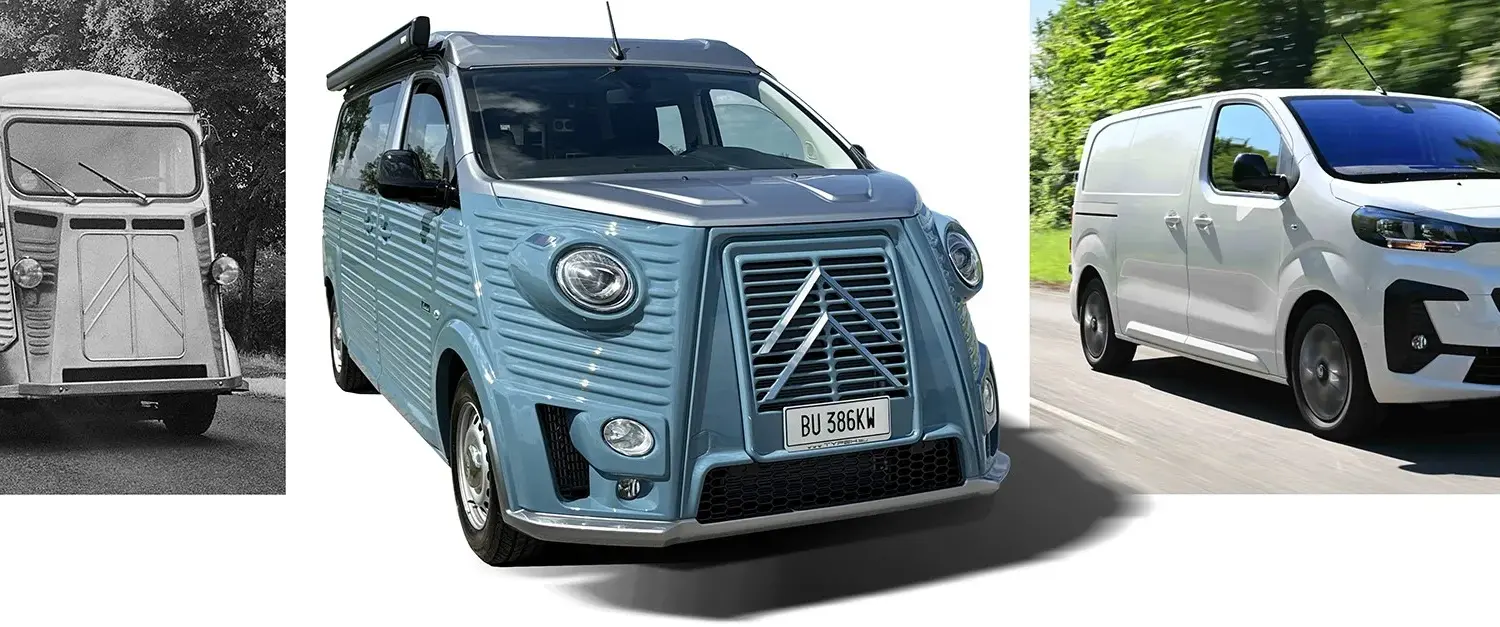 Vergleichsbild: Citroën Type G von 1948, Caselani Type HG im Retro-Design und aktueller Citroën Jumpy.