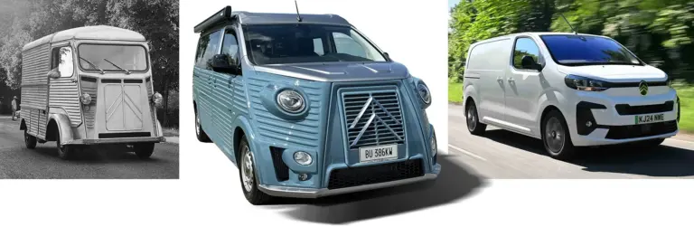 Vergleichsbild: Citroën Type G von 1948, Caselani Type HG im Retro-Design und aktueller Citroën Jumpy.