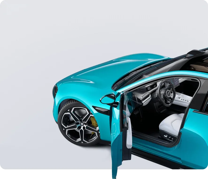 Detailansicht des geöffneten Xiaomi SU7 Modellautos 1:18 in Blau mit Blick auf Innenraum und Felge.