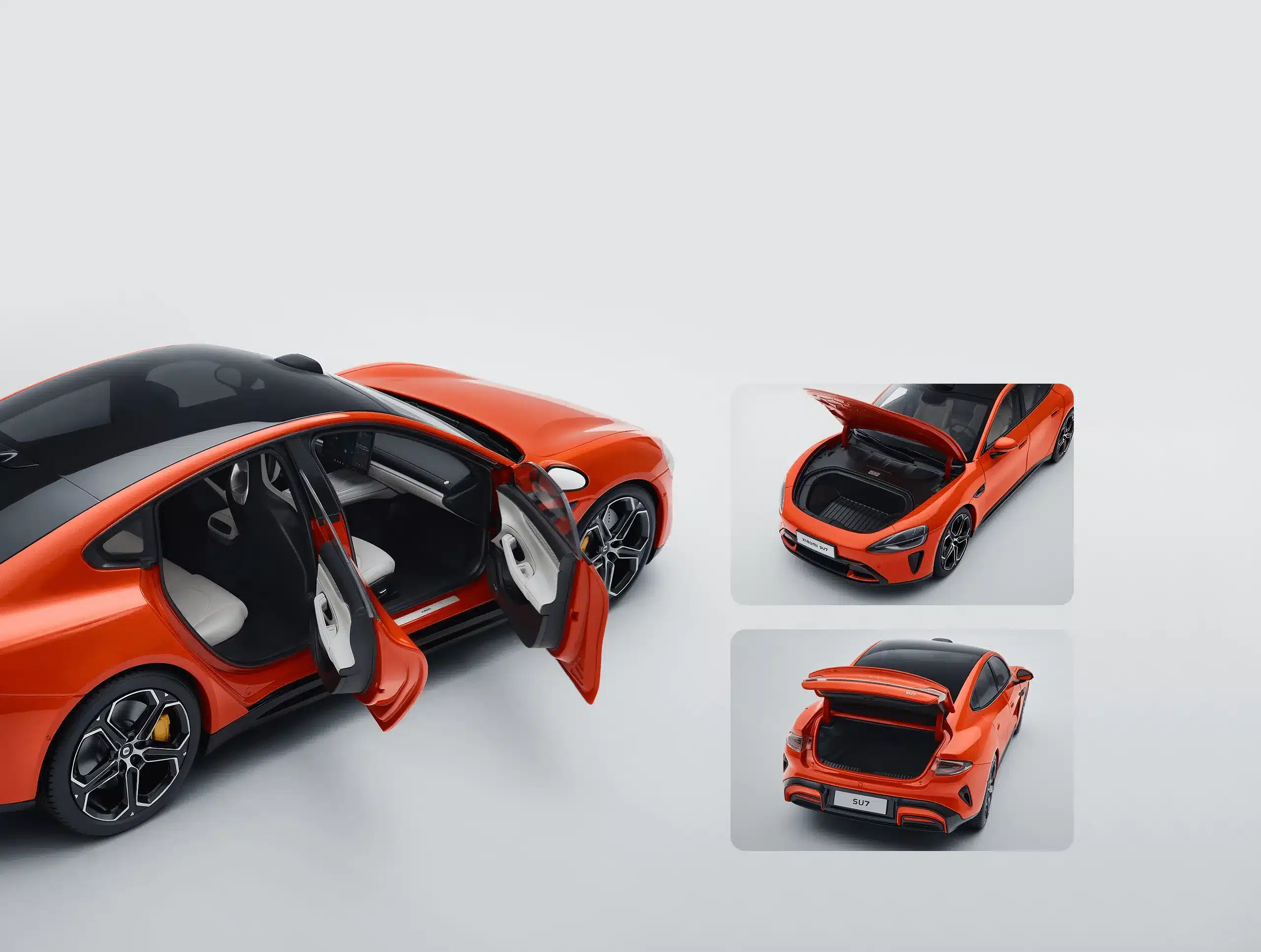 Xiaomi SU7 Modellauto im Maßstab 1:18 in Lava Orange mit geöffneten Türen, Fronthaube und Kofferraum auf weißem Hintergrund