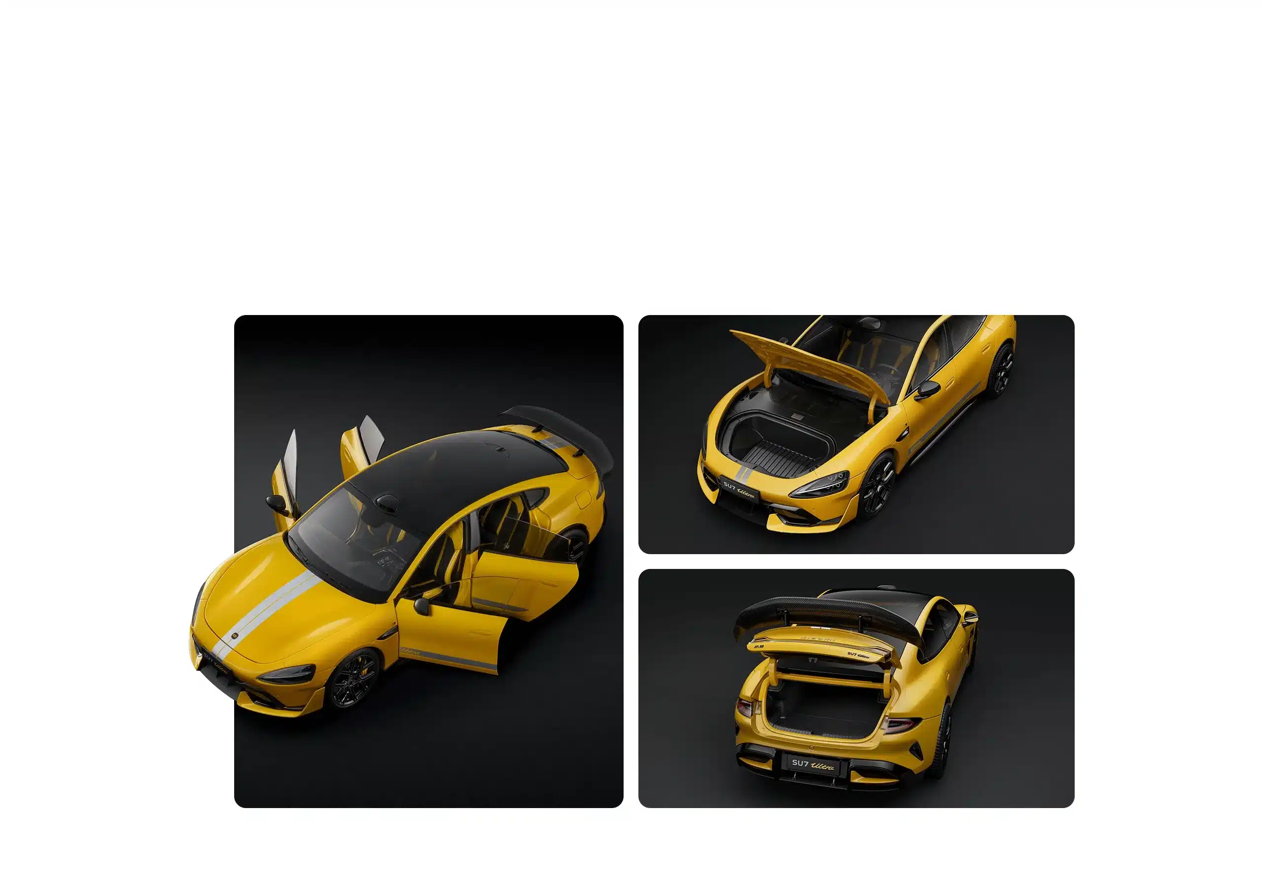Xiaomi SU7 Ultra Modellauto 1:18 in gelber Lackierung mit geöffneten Türen, Motorhaube und Kofferraum auf schwarzem Hintergrund