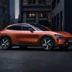 Seitenansicht des Xiaomi YU7 GT SUV in Crimson Red auf einer Straße in der Stadt