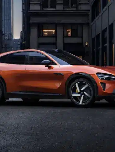 Seitenansicht des Xiaomi YU7 GT SUV in Crimson Red auf einer Straße in der Stadt