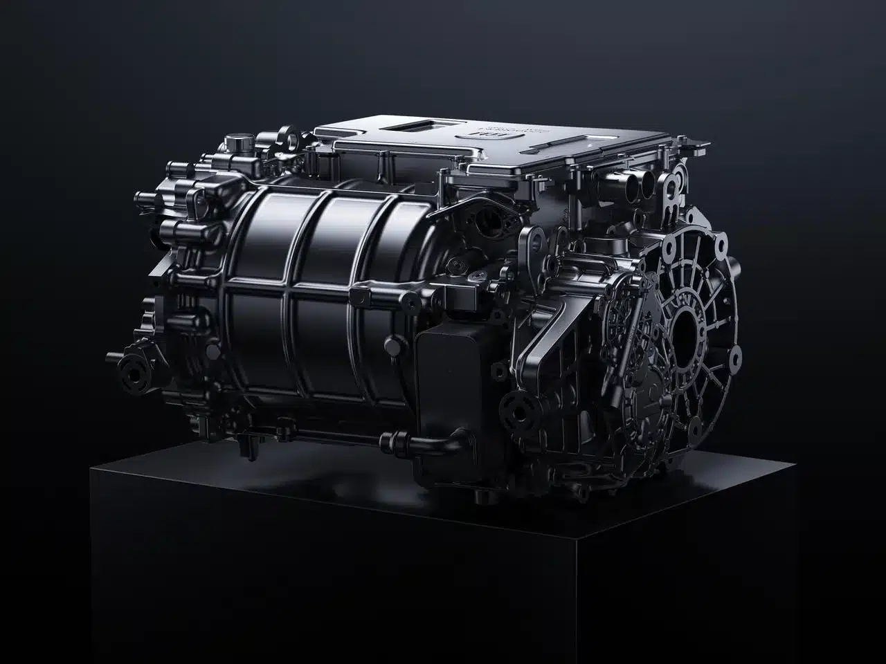 Der leistungsstarke HyperEngine V8s EVO Elektromotor im Xiaomi YU7 GT, präsentiert auf einem schwarzen Podest